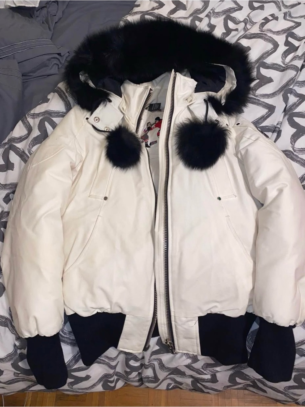 Moose Knuckles White Hooded Puffer with Black Fur Trim
